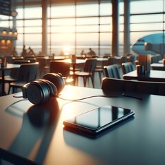 Smartphone and Headphones on Airport Café Table at Dawn