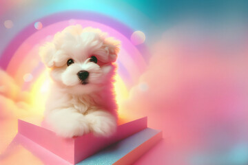 Cute fluffy white puppy on festive,abstract,futuristic pink and blue with yellow background. Concept: children's photos, children's holiday, matinee. Wallpaper on the phone for children.
