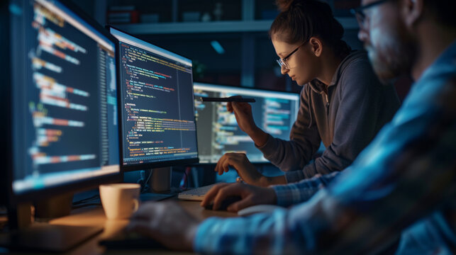 A team of developers coding and testing software for a new mobile application. Diligence and work, team and trust, profit