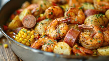 traditional seafood boil featuring shrimp, corn, potatoes, and sausage cooked in a flavorful broth, evoking the festive atmosphere of a coastal feast.