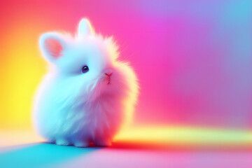 Cute fluffy white rabbit on festive,abstract,futuristic pink and blue with yellow background. Concept: children's photos, children's holiday, matinee. Wallpaper on the phone for children.