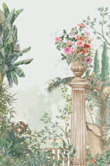 Vintage Roman garden with flower vase, bird, tree illustration