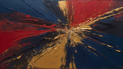 Palette Knife Technique Abstract Oil Painting, Red Navy Gold Tones