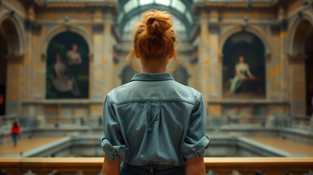 Art enthusiast admiring classic paintings.