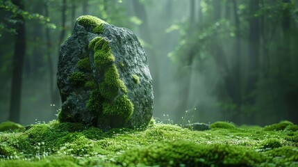 Solitary stone with vibrant green moss in a misty ancient forest, soft daylight filtering through the canopy above.