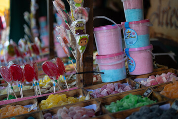 Variety of traditional Spanish candy displayed on a market stall. Cocentaina mediaval fair 