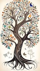 Obraz premium Create a vector design of a tree symbolizing life's aspects like family, career, and hobbies, showcasing their interconnectedness.