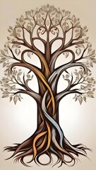 Create a vector design of a tree symbolizing life's aspects like family, career, and hobbies, showcasing their interconnectedness.