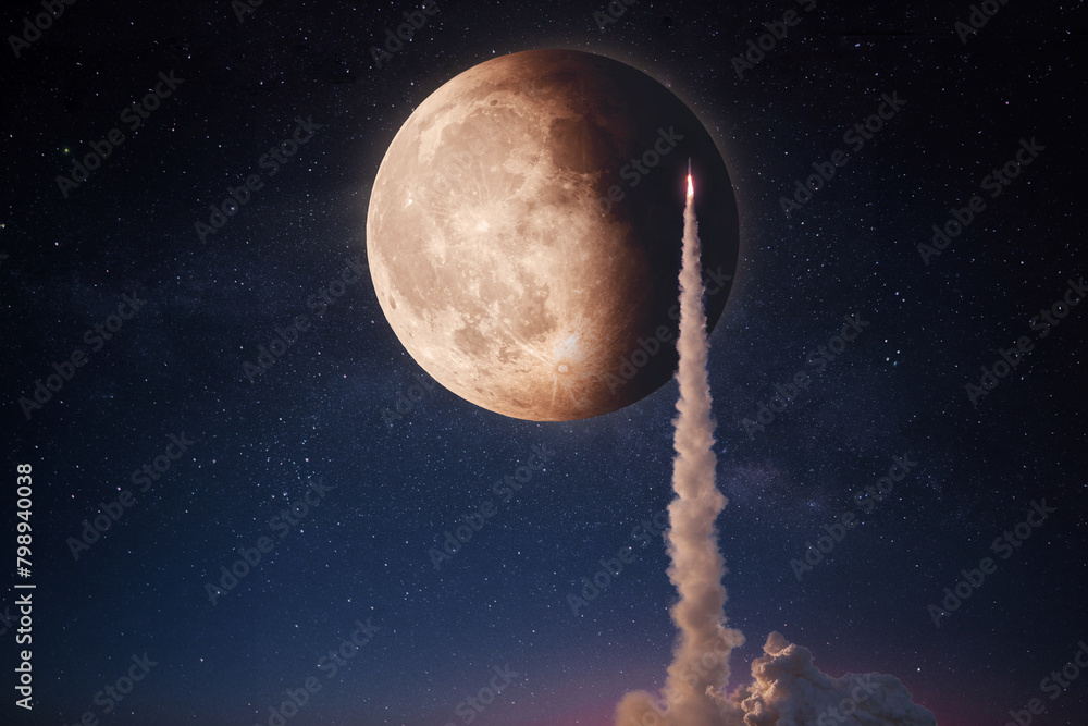 Poster new rocket with smoke and blast successfully takes off into the starry sky with a full moon. spacesh