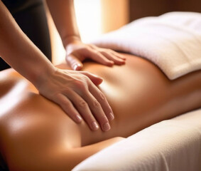 Fototapeta premium Relaxing massage in the spa salon. Young girl on massage, close-up,back massage,hands masseur close-up