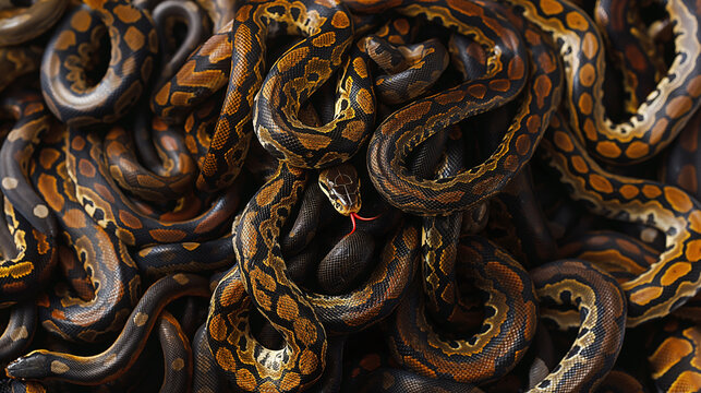 Close-up view of a stack of python snakes.