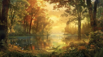 Obraz premium In a vintage-inspired masterpiece, a secluded lake is cradled within a dense forest teeming with life.