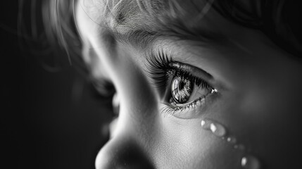 Fototapeta premium Dramatic black and white photo of a tear drop on the eyelash of a young child highlighting the delicate nature of sorrow and vulnerability
