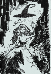 An illustration with a witch, made with ink. Original traditional art.