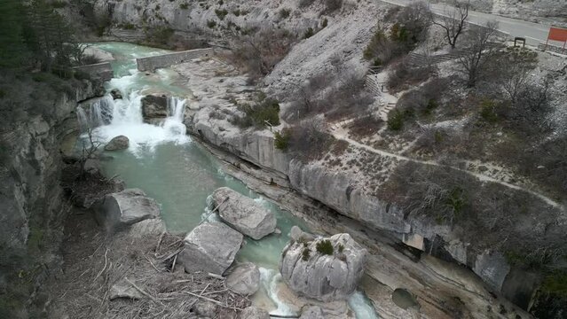 Gorges de la M&eacute;ouge, parc naturel r&eacute;gional des Baronnies proven&ccedil;ales, Hautes-Alpes, France, drone, aereal video, 