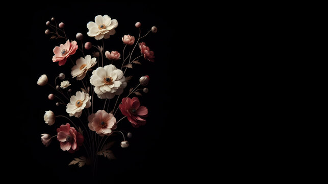 A floral arrangement with a black background and a black  background, generative ai