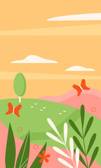 Abstract spring scenery with silhouettes of plants, tree and flying butterfly vector illustration