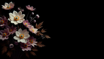 A floral arrangement with a black background and a black  background, generative ai