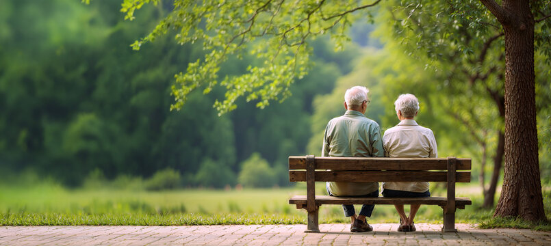 Senior couple sitting on a wooden bench in a nature park. Panoramic background with copy space.