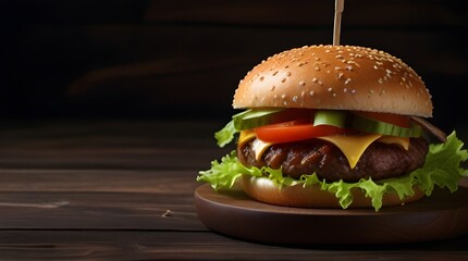 Restaurant menu designs, food photography portfolios, culinary blog covers,Delicious Burger with Bacon, Cucumbers, Lettuce, Cheese, Onion, and Tomatoes on Dark Wooden Background
