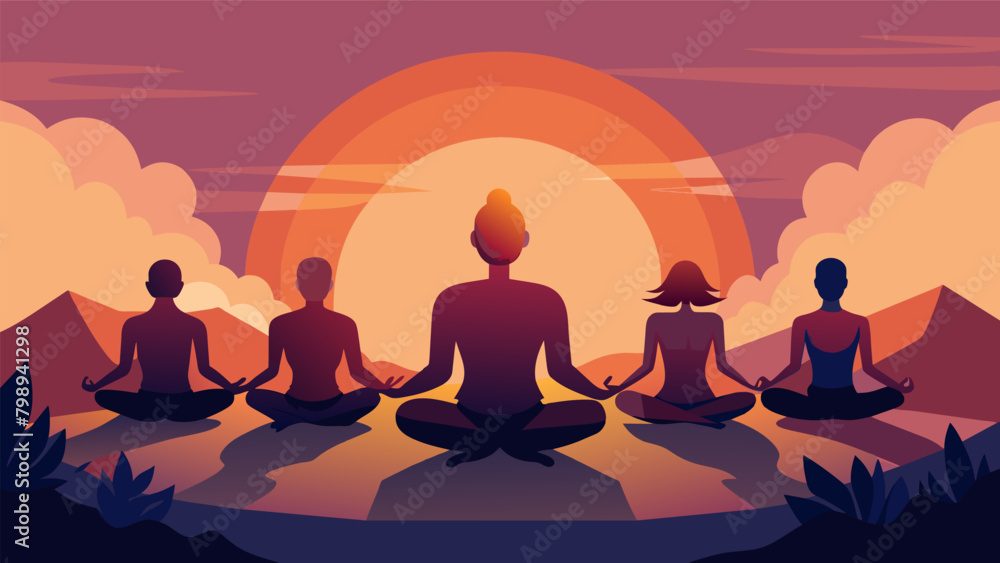 Poster the sun setting behind a group of yogis in the lotus position signifying the dawn of a new era of in