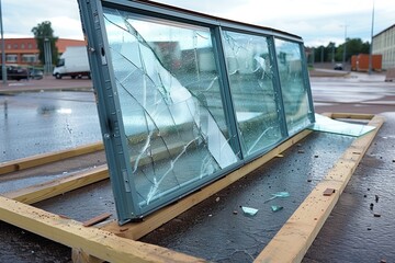 Broken glass shattered into a new window frame while being installed on a building under construction.