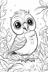 Obraz premium Hand drawn sketch of bird in blooming tree branch with pattern and small detail. Coloring page for kids and adult.