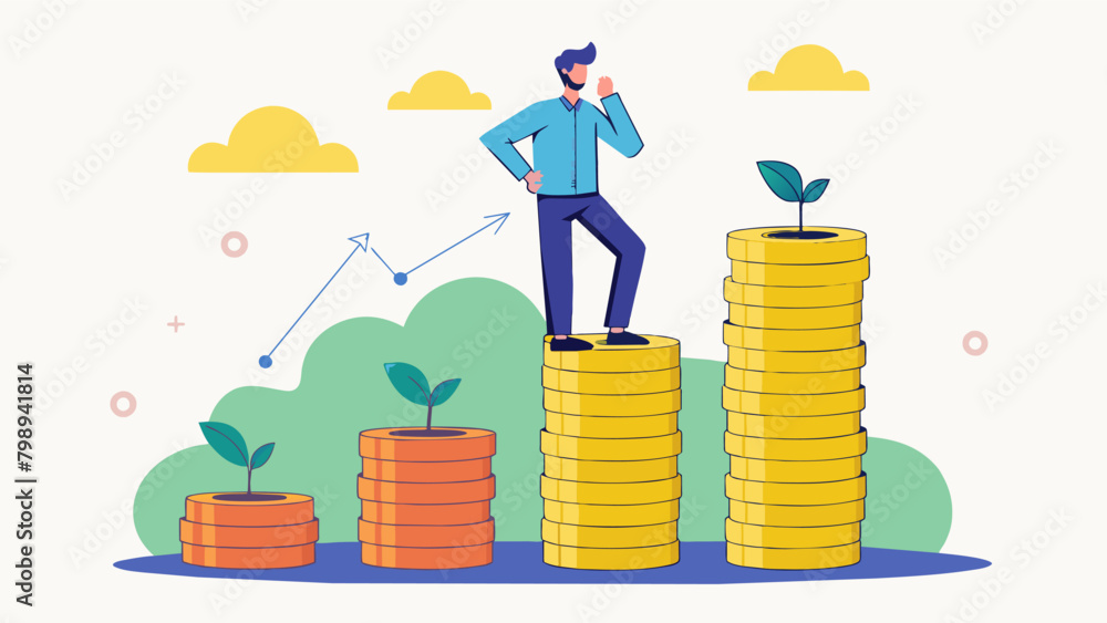 Poster a sketch of a person standing on a large stack of coins with the words rising above inflation above 