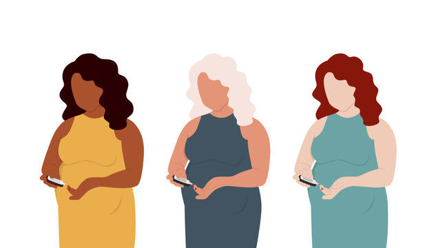 Set of pictures Pregnant woman checking blood sugar level with blood glucose meter.