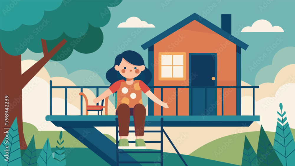 Poster a young girl with cerebral palsy navigating through a treehouse with the help of ramps and rails.. v