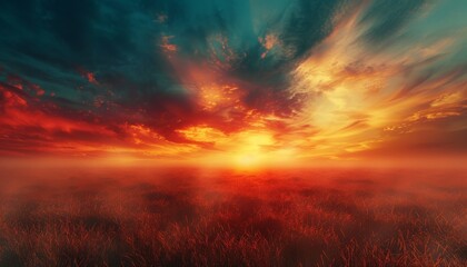 A dreamlike abstract landscape with a hazy horizon line separating a field of cerulean blue from a fiery red sky, dotted with wispy clouds  