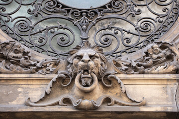 Lion relief on ancient building in Lviv, Ukraine