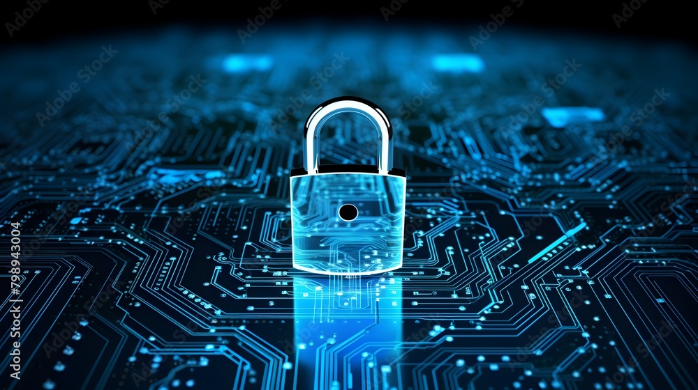 Poster enter the realm of cyber security with a captivating image of a digital padlock amidst abstract blue
