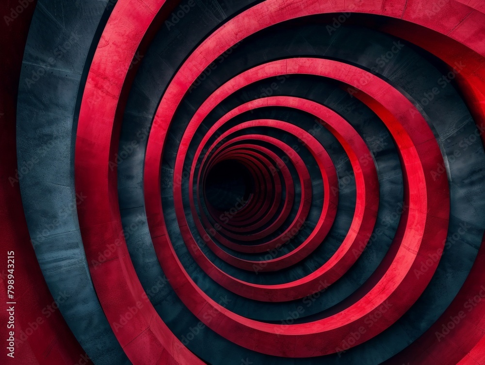 Poster a geometric abstract piece with concentric circles in shades of crimson and black, creating a sense 