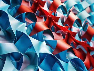 A geometric abstract artwork with interlocking shapes in shades of azure blue and crimson, reminiscent of a tessellation pattern  