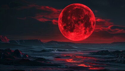 A hauntingly beautiful abstract landscape with a crimson full moon casting an eerie glow on a desolate black terrain  