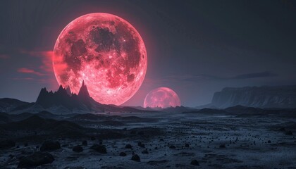 A hauntingly beautiful abstract landscape with a crimson full moon casting an eerie glow on a desolate black terrain  
