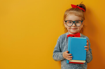 Cute little girl in glasses with book on color background, space for text stock photo contest winner, portrait of happy child schoolgirl wearing grey sweater holding blue grimoire and posing isolated 