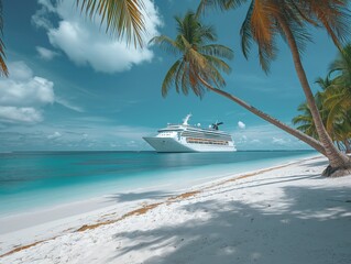 A large cruise ship sails in the ocean near a beach. The ship is white and has a blue stripe. The ocean is calm and the sky is clear. The beach is sandy and there are palm trees in the background