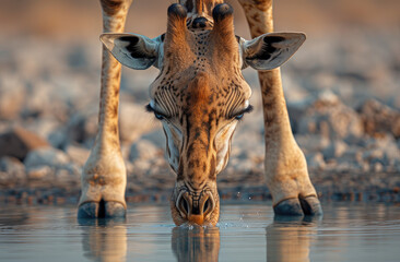 A giraffe with its long neck and legs drinking water from the ground, showing off their unique...