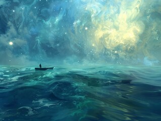 A lone figure in a small boat sailing across a vast watercolor ocean of swirling blues and greens, with a single star shining brightly above 