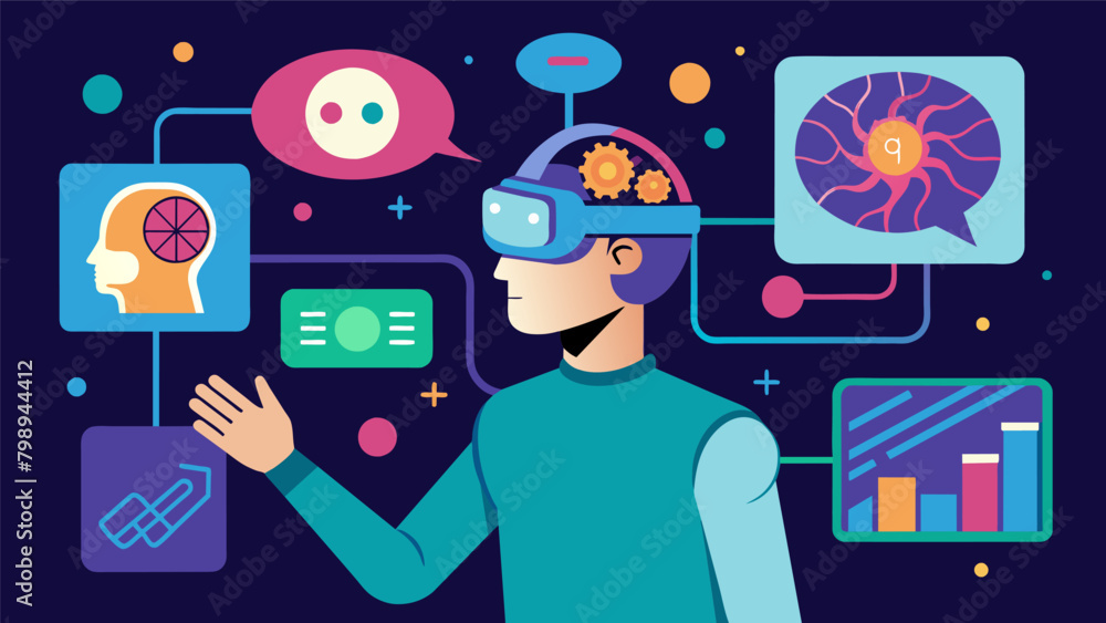 Poster a person selecting from a variety of virtual interface options for their neural implant from sleek a
