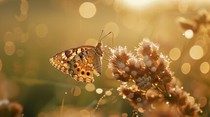 Morgentauwunder: Schmetterling auf Wildblume - obrazy, fototapety, plakaty
