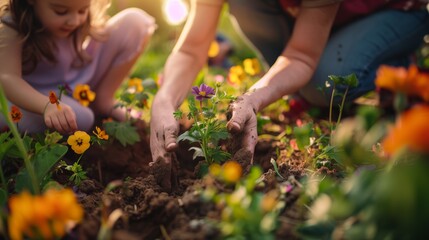 Fototapeta premium Gemeinschaftliches Gärtnern: Familie pflanzt Blumen