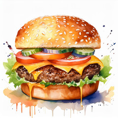 Watercolor painting of juicy hamburger. Tasty fast food. Delicious meal. Hand drawn art