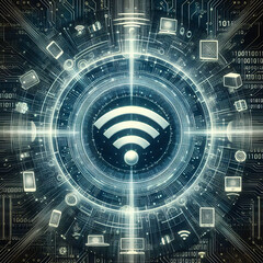 Obraz premium 3D conceptual illustration of a central WiFi symbol connected to various devices and smaller WiFi symbols, set against a dark background. The WiFi and device icons are illuminated in blue