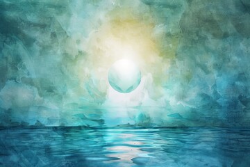 A meditation scene depicted in calming watercolor washes of blue and green, with a single glowing orb floating in the center 