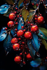 A close-up of a red berry bunch on a tree in a summer garden at night. Wet, water covered berries hanging in a cluster from the leafy branch. AI-generated