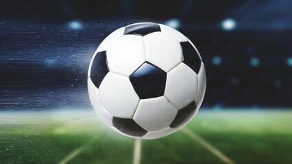 Naklejka premium Soccer ball in flight, dynamic illustration, mega force, against the background of a football stadium, 2024 championship
