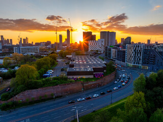 Sunset over the the new Islington area in the city of Manchester. 
